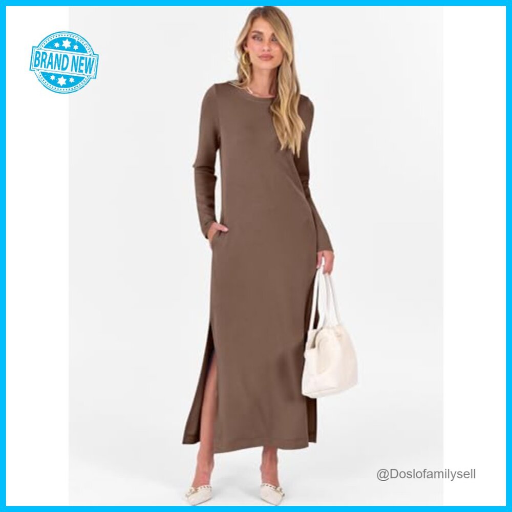 Long Sleeve Maxi Dress Casual Elegant Loose Fit Wrinkle Free Travel Wear - Picture 4 of 7